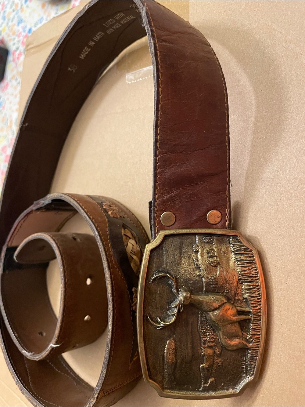 Handcrafted Brown Leather Men's Belt with Antler Buckle